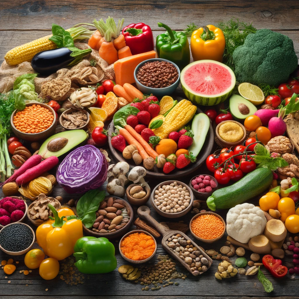 Kleurrijke presentatie van diverse veganistische voedingsmiddelen waaronder fruit, groenten, noten, zaden en tofu